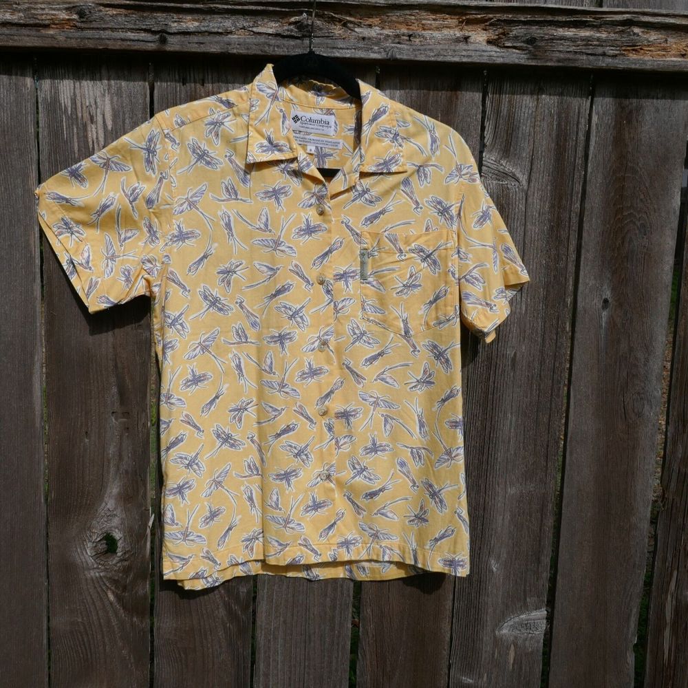 Columbia Dragonfly Button Down Shirt Short Sleeve Yellow Cotton Blend Small